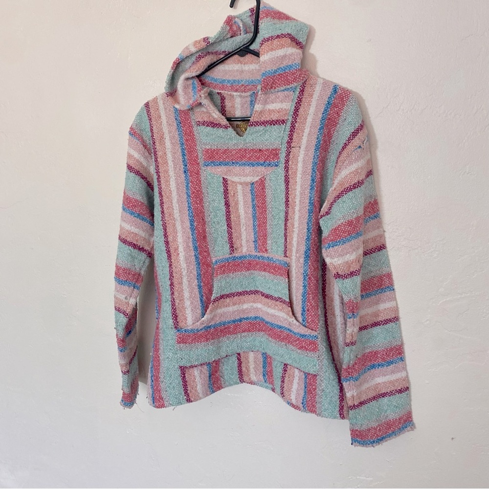Earth Ragz Poncho Hoodie Drug Rug Bright Multicolored Striped Mexican Blanket M